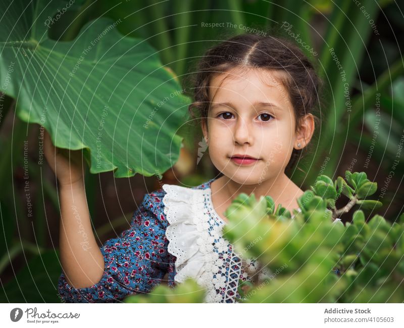 Skeptical girl eating fruit in garden skeptical bush piece little child summer season kid treat snack try lifestyle rest relax calm tranquil serene peaceful