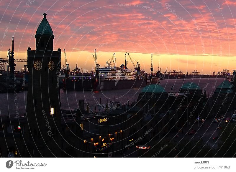 Hamburg Landing bridges Art Back-light Europe Germany. Hamburg Harbour Jetty Elbe Tourist Attraction Evening Sky Dusk