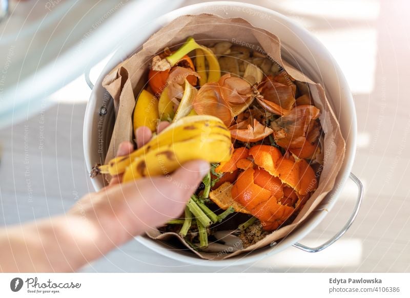 Container full of domestic food waste ready to be composted fruit vegetables scraps container garbage recycling recycle leftovers rotting