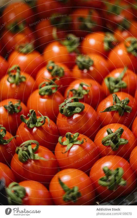 Set of fresh tomatoes in box shop grocery container many red ripe ingredient vegetable vegan vegetarian store market food retail organic natural row line clean