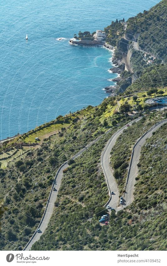 View from above on the "Route de la Turbie" - Near Monaco Cote d'Azur Mediterranean sea France Colour photo Vacation & Travel Summer Tourism Deserted coast