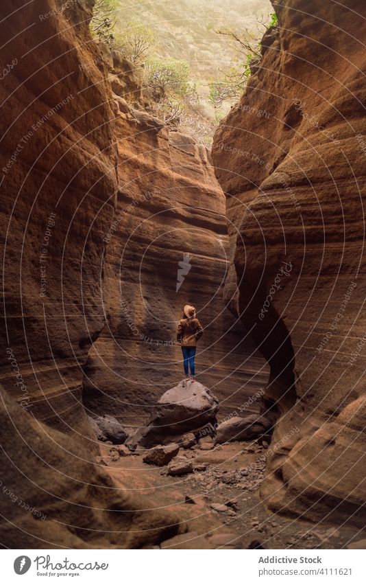 Woman standing on stone in ravine travel rock nature woman adventure explore tourism vacation mountain journey hike canyon female extreme holiday gorge activity