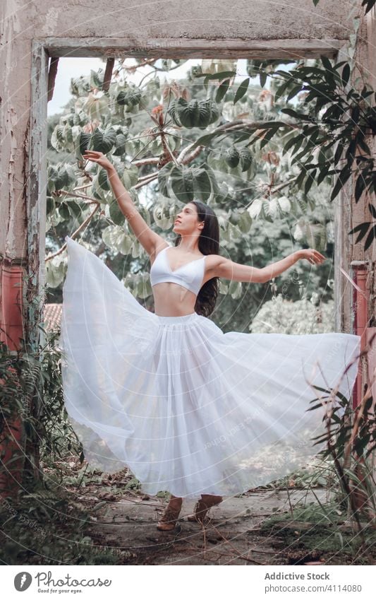 Graceful lady dancing in garden woman dance ballet grace concept young slim arch bush female skirt bra outstretch elegant ballerina perform dancer move flexible