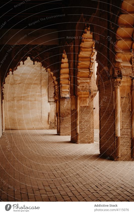 Classic Moroccan gallery with columns and arches architecture ancient old aged stone ornament building morocco culture historic tradition heritage antique