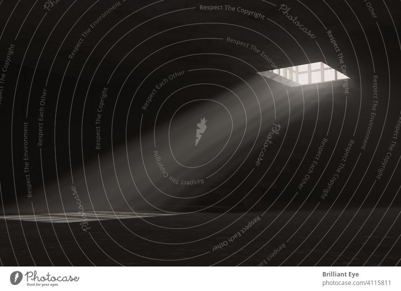 Rays of light penetrate bars and illuminate dark dungeon ground floor rays Staircase (Hallway) Grunge upstairs Stakes Closed Bright Dark Belief Room Empty jail