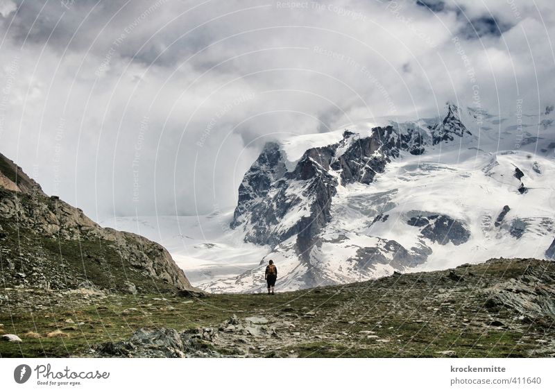 wanderlust Leisure and hobbies Hiking Environment Nature Landscape Sky Clouds Grass Foliage plant Hill Rock Alps Mountain Peak Snowcapped peak Gigantic Blue