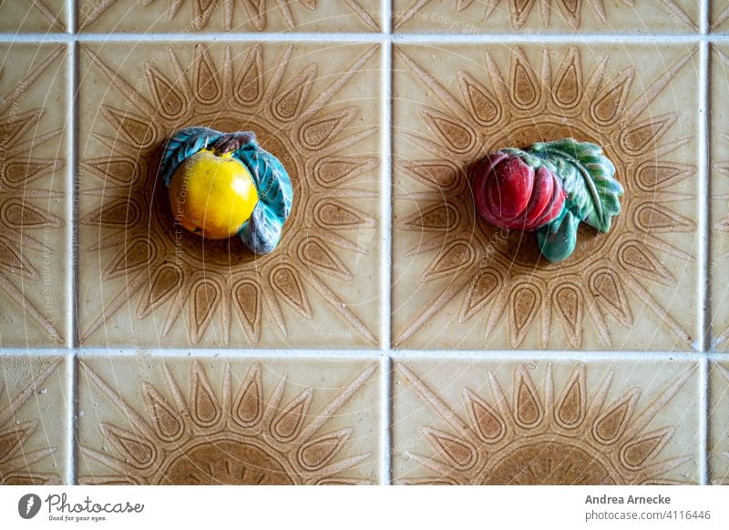 Retro tiles / tiles with apple and tomato Tile Brown Kitchen Pottery Wall (building) Apple Interior shot Sun 70s Old vintage Old building refurbishment