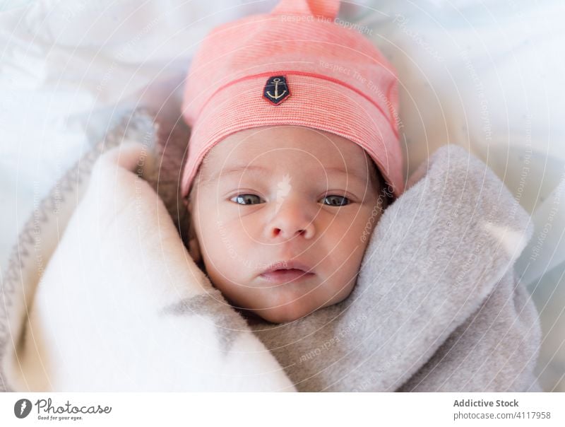 Cute baby in blanket and hat lying on bed newborn adorable child wrap portrait tiny pink sweet little infant childhood childcare healthy cute rest babyhood warm