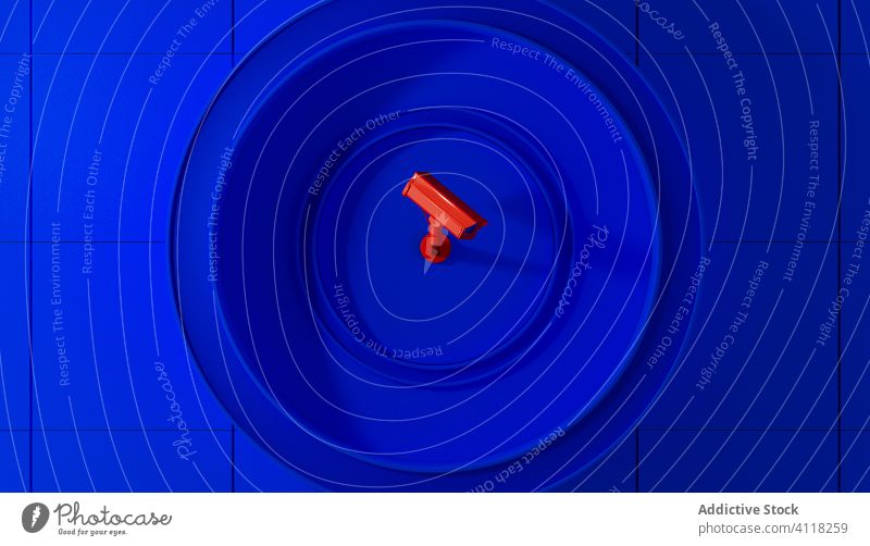 Red surveillance camera on blue background monitoring coronavirus control pandemic infected technology safety police guard security secure red looking observe