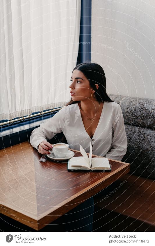 Woman drinking coffee in a bar female businesswoman notebook cafe table lifestyle work sitting girl restaurant caucasian brunette people person cup modern lady