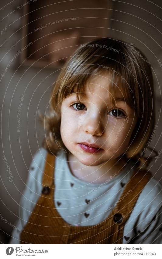 Cute girl looking at camera home cozy rest cute casual calm portrait little outfit adorable kid room childhood relax innocent domestic blond emotionless