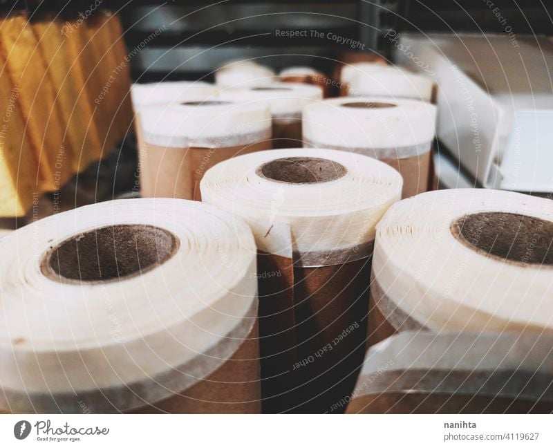 Group of brown paper roll for diy package packaging reform tape masking tape resource supplies recycle recycled paper scroll hardware background board