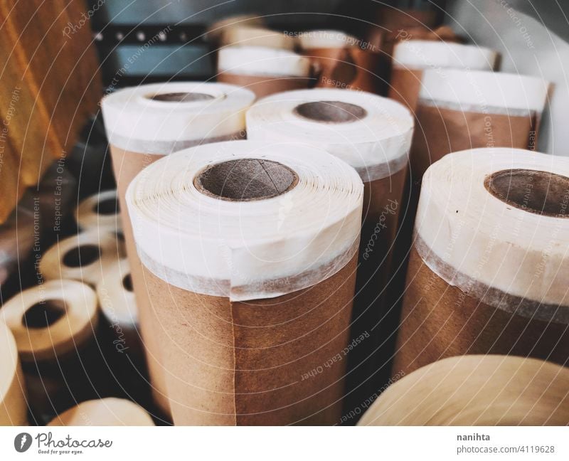 Group of brown paper roll for diy package packaging reform tape masking tape resource supplies recycle recycled paper scroll hardware background board