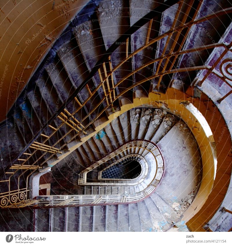 social decline Colour photo Old rail Stairs Transience Rust Putrefy Derelict Rustic Downward Tall Ancient Empty stair treads Destruction Iron Ruin