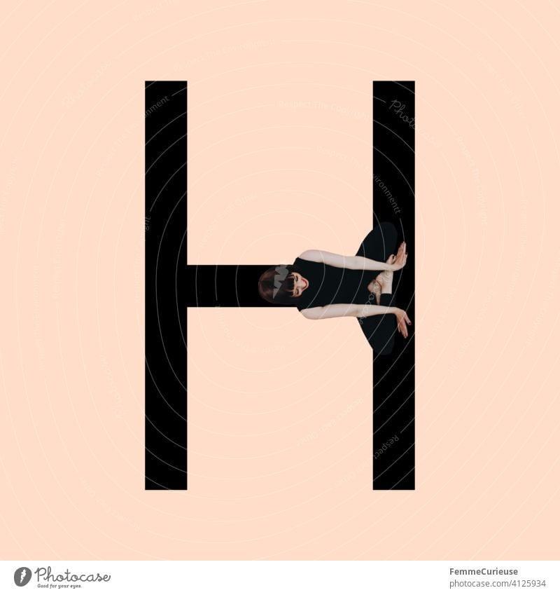 Graphic shows black letter H of the Latin alphabet against a skin-coloured background and integrated photographic full-body shot of a posing brunette woman with bob hairstyle in a black one-piece suit