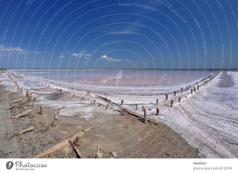 ...Silver Lake Landscape Sky Clouds Horizon Weather Beautiful weather Coast Lakeside Blue Brown White Salt  lake go out Salty planks Wooden stake Colour photo