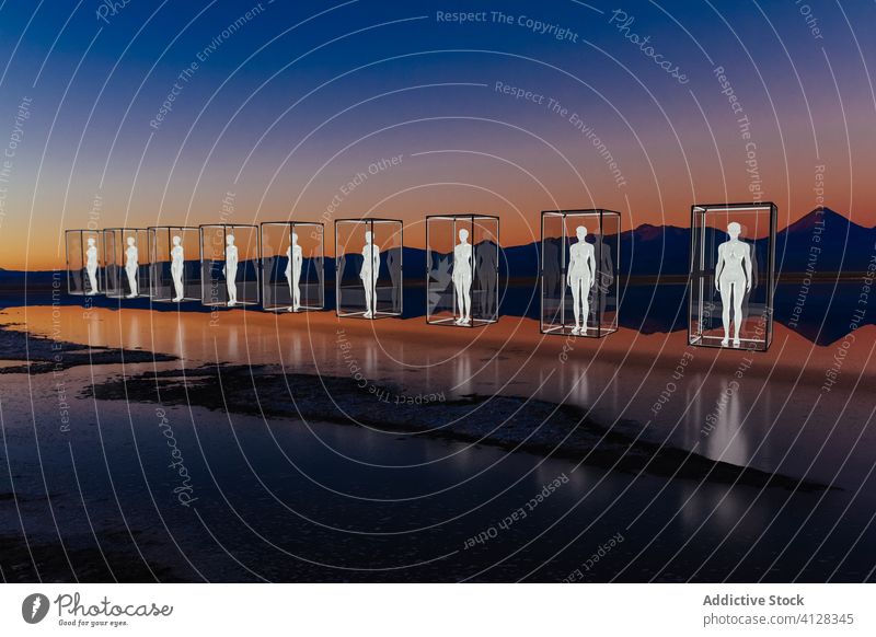 Humans protected and isolated from the outside in a glass box. health coronavirus human protection concept quarantine covid-19 epidemic outbreak hygiene safety