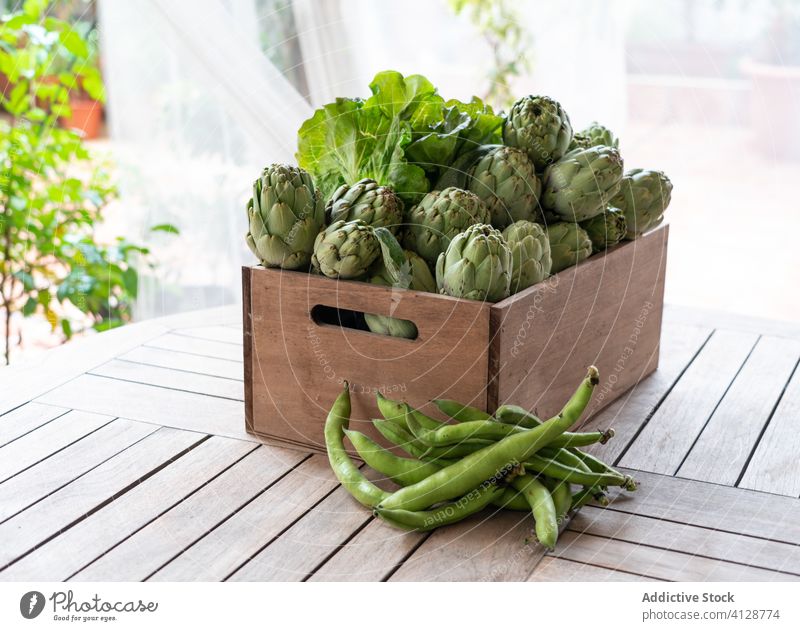 Box of fresh vegetables on table in garden diet healthy organic food artichoke vegetarian background natural green wooden white collection box ingredient