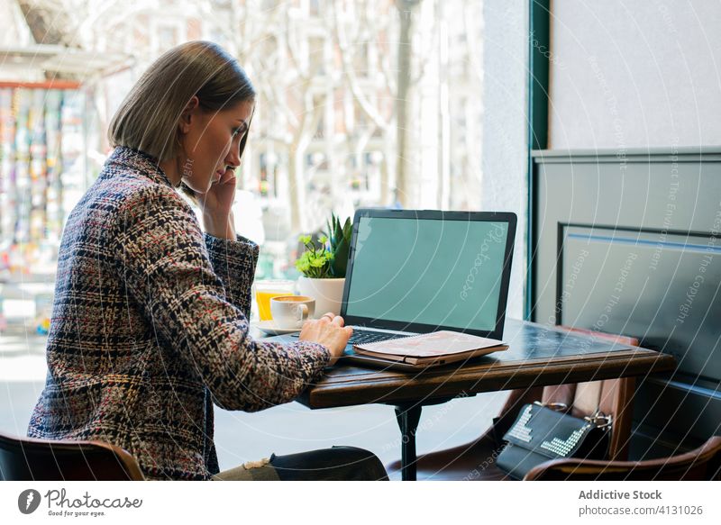 Businesswoman using laptop with empty screen in cafe in daylight businesswoman blank screen typing internet online cup search gadget device watching netbook