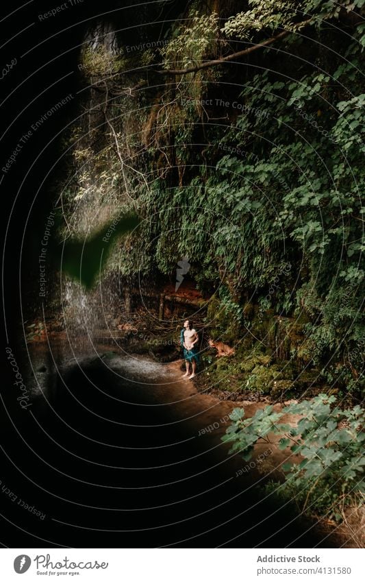 Unrecognizable man standing near waterfall forest pool refresh tropical jungle small stream travel plant male tourism nature environment recreation rainforest