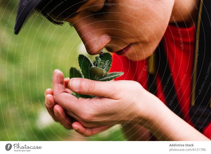 Tranquil traveling female enjoying plant scent smell sniff woman fragrant androgynous traveler fresh asturias spain green summer nature natural informal field