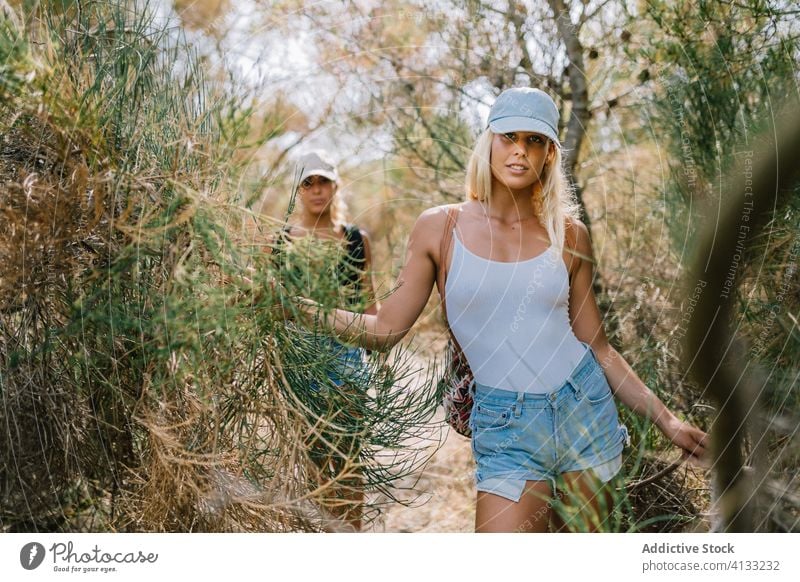 Traveling women on green hill vacation summer friend together travel sunny tourist cheerful friendship friendly grass enjoy nature smile happy holiday weekend