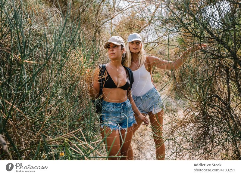 Traveling women on green hill vacation summer friend together travel sunny tourist cheerful friendship friendly grass enjoy nature smile happy holiday weekend