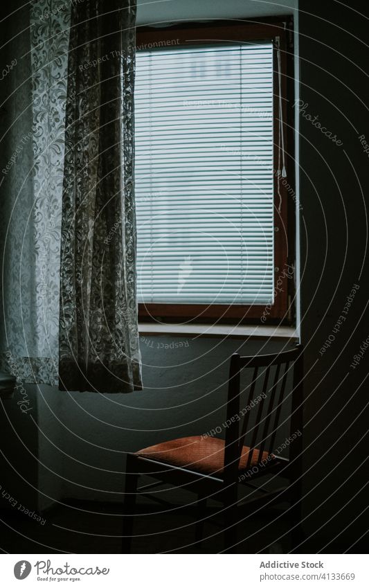 Dark room chair window gloomy interior dark house inside nobody old sad architecture lonely empty black background vintage indoor solitude building halloween