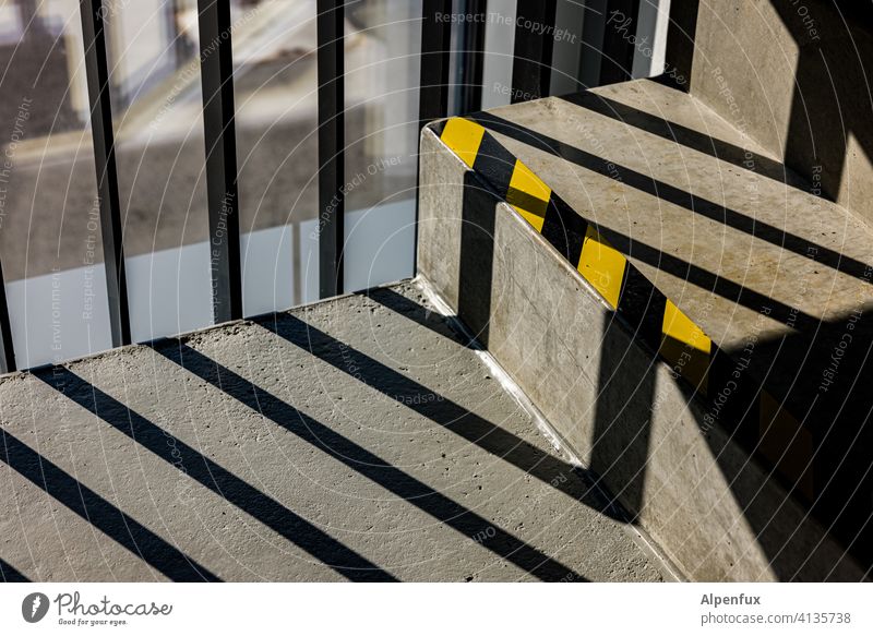 on patrol Staircase (Hallway) Shadow Stairs Light Architecture Interior shot Banister Contrast rail Building Deserted Colour photo penned Enclosed Captured