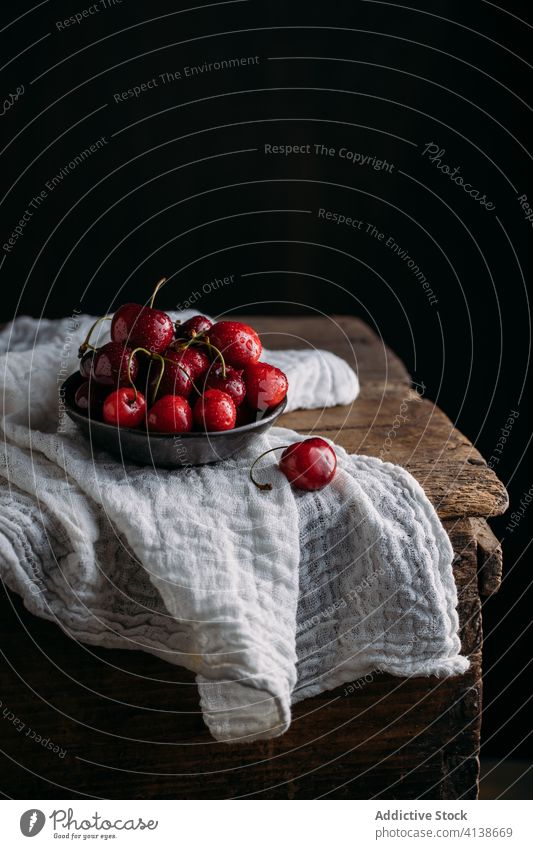 Bowl of fresh cherries cherry red wooden table bowl background healthy summer sweet ripe fruit berry food dessert vegetarian organic raw freshness juicy tasty