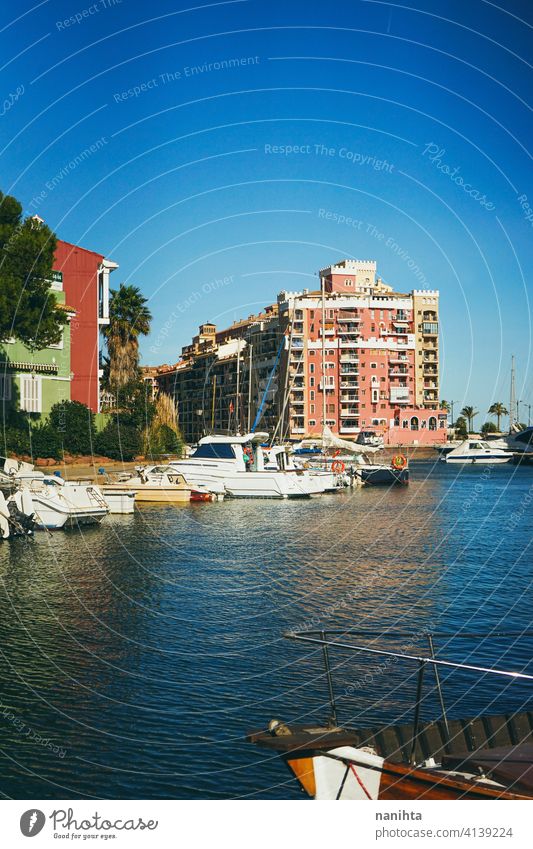 Coastal city in Valencia, Spain, Alboraya dock maritime naval boat sea seashore ocean mediterranean travel trip tourism urban street water canals colorful