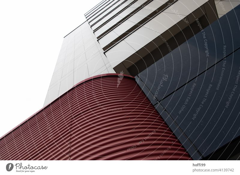 View upwards at a monotonous skyscraper facade monotonously rising High-rise Facade Modern architecture Architecture red facade Striped Building Design Abstract