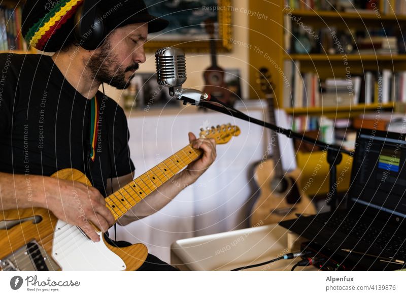 Waiting to be used - in the living room Musician recording Studio shot Podcast Microphone Guitar Guitarist Colour photo Technology Equipment Sound tool Artist