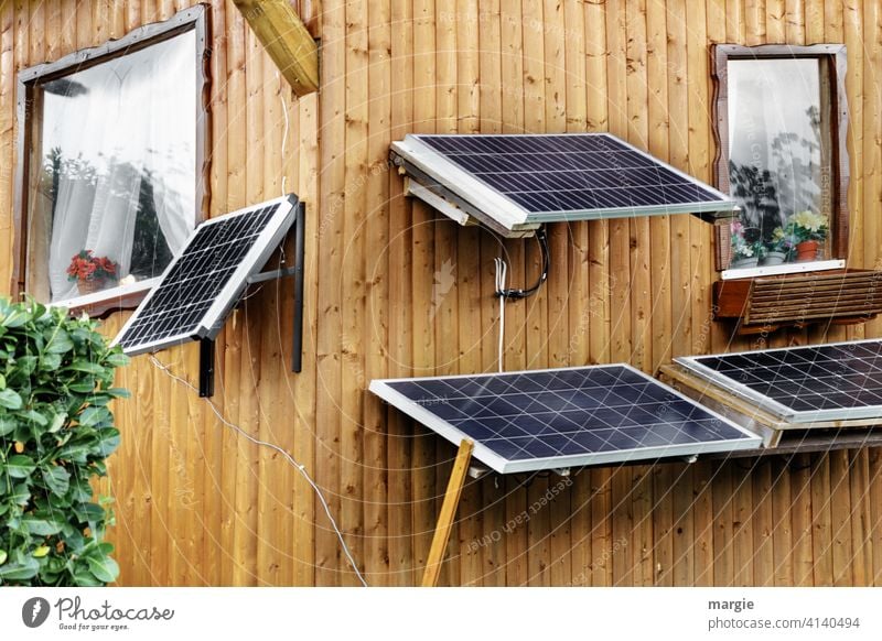 Allotment garden idyll: Solar panels on the garden house allotment Gardenhouse Garden plot Deserted Plant Hedge Panels Wooden house Window frame Flowerpot solar