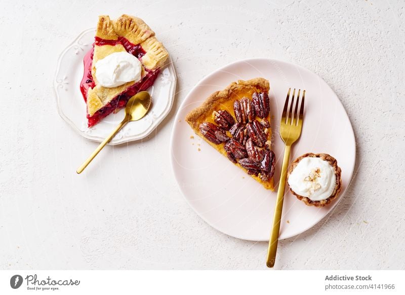 Slices of various pies viewed from above thanksgiving food pecan apple pumpkin variety season autumn baking dinner seasonal round traditional closeup fresh