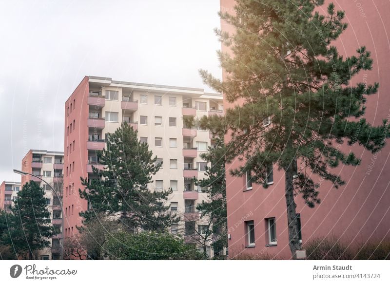 social housing in Berlin, red skyscrapers GDR apartment architecture balcony berlin block building cheap city concrete construction dwelling east europe facade