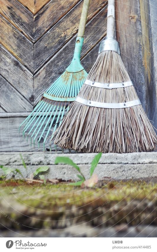 To sweep before one's own door... Kitsch Odds and ends Turquoise Broom Rake Garden Gardening Decoration Entrance Door Gate Doorstep Old Ancient flaking paint