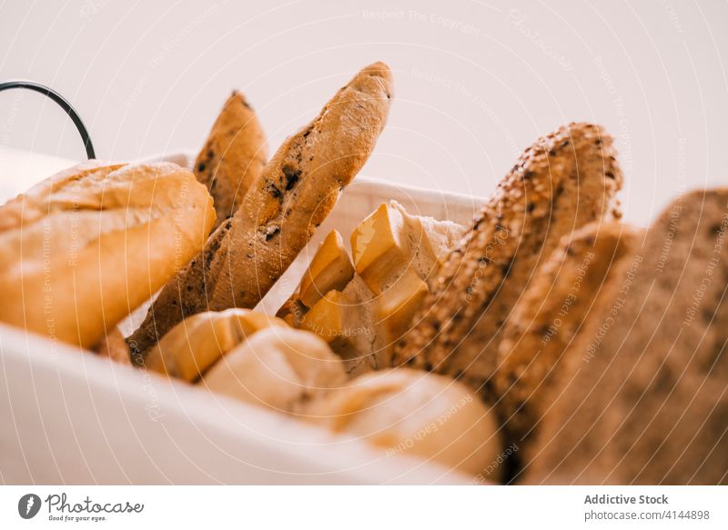 Various types of bread served on table various assorted bun pastry food fresh cut piece breakfast delicious meal tasty morning nutrition snack slice cuisine