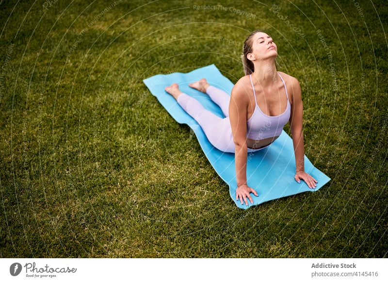 Tranquil woman doing yoga in Cobra pose cobra pose practice bhujangasana harmony backyard lawn flexible female peaceful mat eyes closed exercise posture healthy