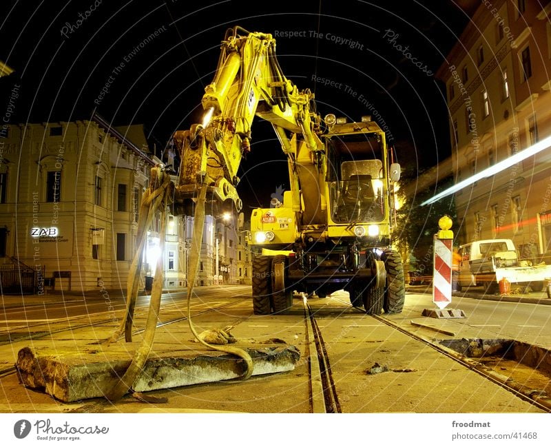 Technical Maintenance #2 Long exposure Railroad tracks Tram Night Traffic light Work and employment Night work Cottbus Machinery Street warning cone Concrete