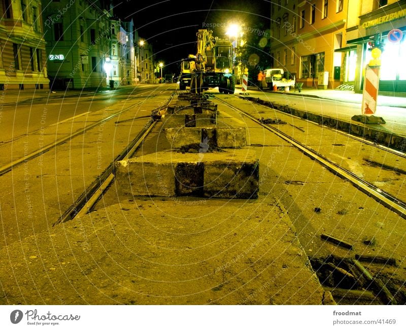 Technical Maintenance #3 Long exposure Railroad tracks Tram Night Traffic light Work and employment Night work Cottbus Machinery Street warning cone Concrete