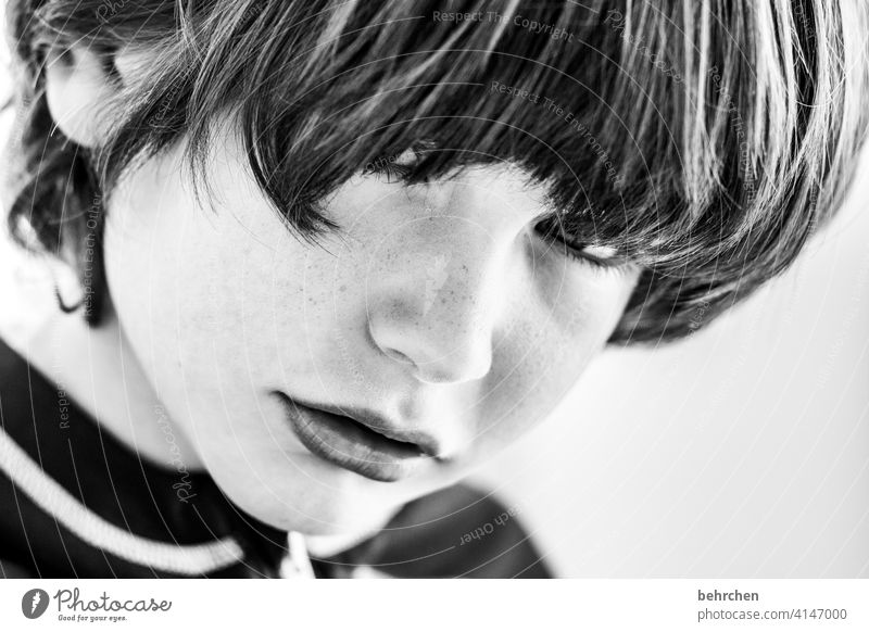 beatle skepticism Skeptical Black & white photo Self-confident Family & Relations Lips Mouth Son Hair and hairstyles Sunlight portrait Contrast Close-up Child