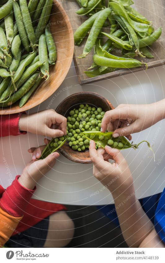 Crop children peeling pile of pea pods at home help fresh vegetarian bowl together sibling raw childhood uncooked product wooden round table green crunchy