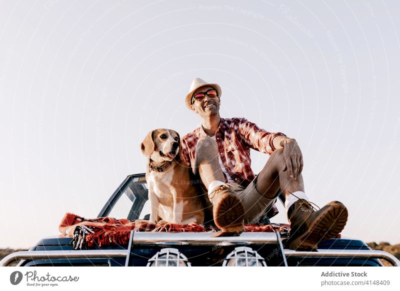 Tourist with Hovawart enjoying nature sitting on car in sunlight tourist dog admire river mountain vacation beauty idyllic contemplate highland travel