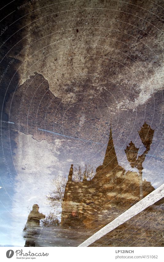 Lüneburg surreal Puddle reflection Luneburg Human being House (Residential Structure) Surrealism Water puddle photo street lamp Lanes & trails Asphalt Town