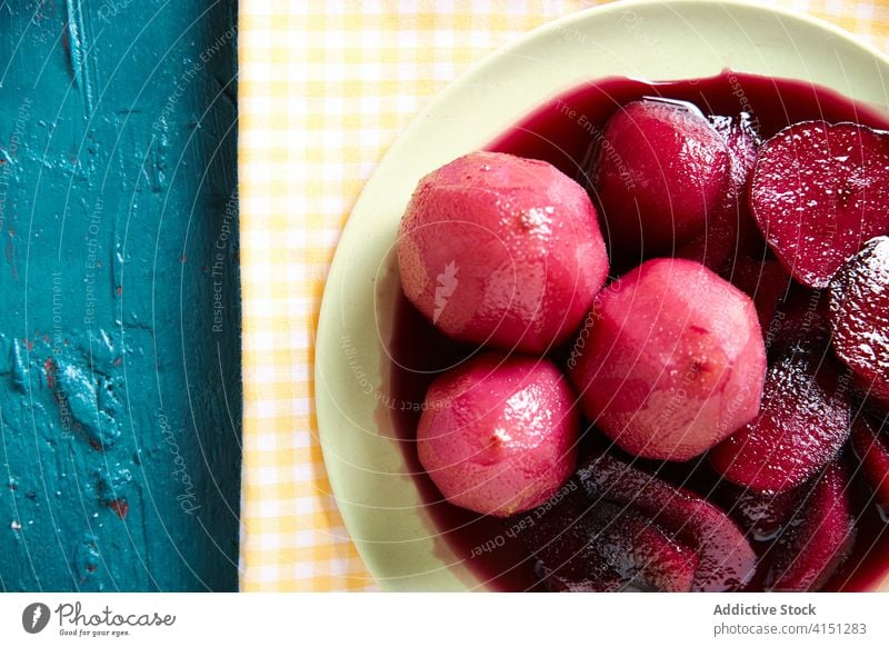 Delicious ripe pears in plate red wine poached tasty fruit delicious table fresh meal cafe restaurant yummy food gourmet portion dish alcohol nutrition serve