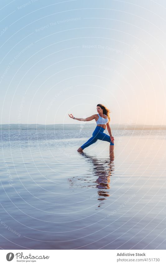 Graceful woman in balance yoga pose at lake shore practice asana stand crescent lunge harmony twist focus water calm wellness serene concentrate coast lifestyle