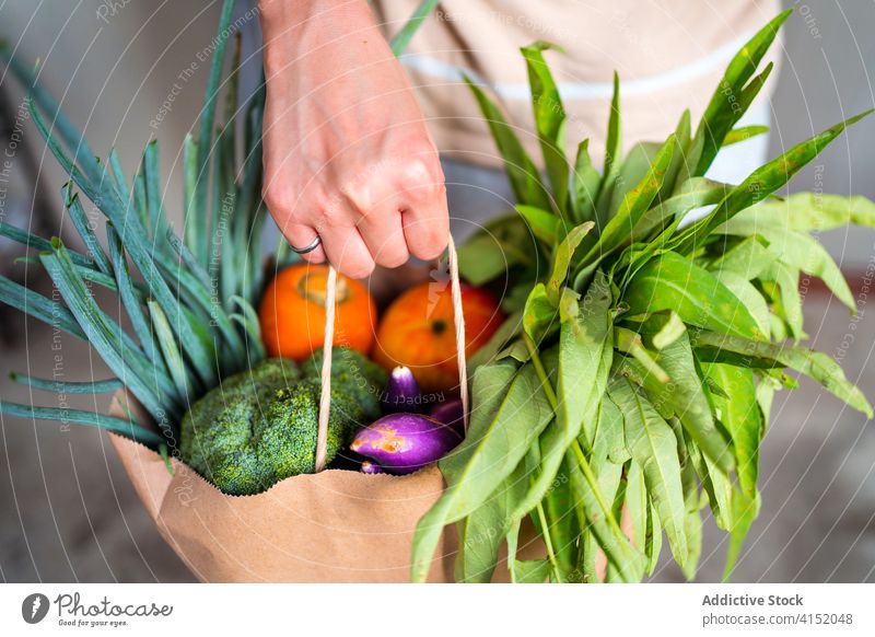 Crop woman with fresh groceries grocery vegetable fruit various paper bag food organic vegan female vitamin diet shopper nutrition retail customer commerce