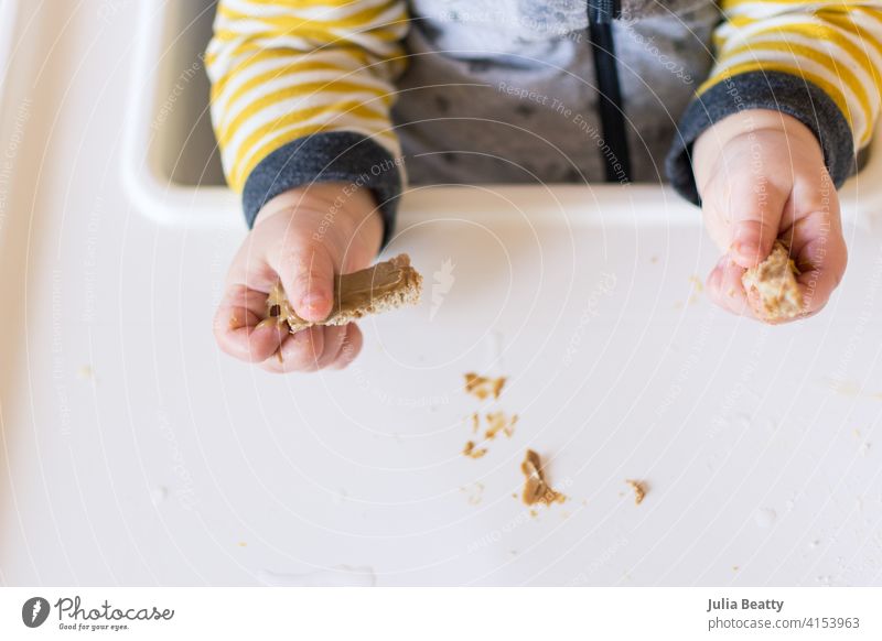 Toddler hands holding strips of bread with peanut butter on them; early exposure to allergenic foods baby led weaning toddler 6-12 months old finger food nuts