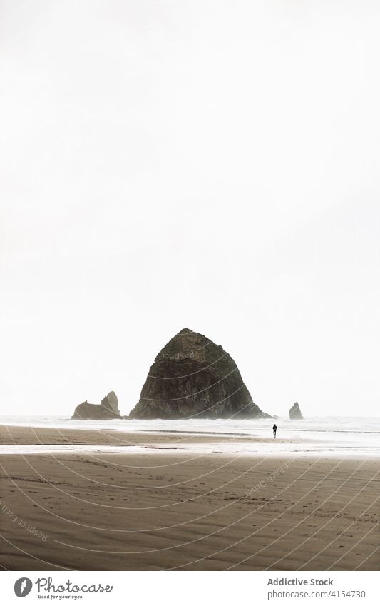 Person at seaside on cloudy day seashore person walk seascape gloomy overcast foam nature usa united states america weather sky ocean calm daytime destination